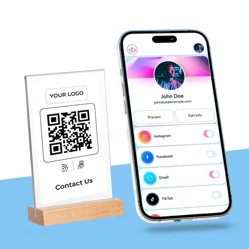 Social Media Weblink Transparent Acrylic Wooden Base Stand